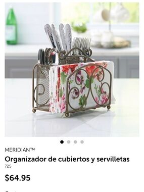 Princess House Bronze Metal Cutlery and Napkin Caddy with Floral Napkins